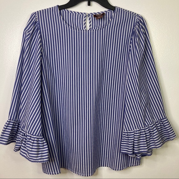 Marina Luna Tops - Striped Pullover Bell Sleeve Ruffle Blouse Top